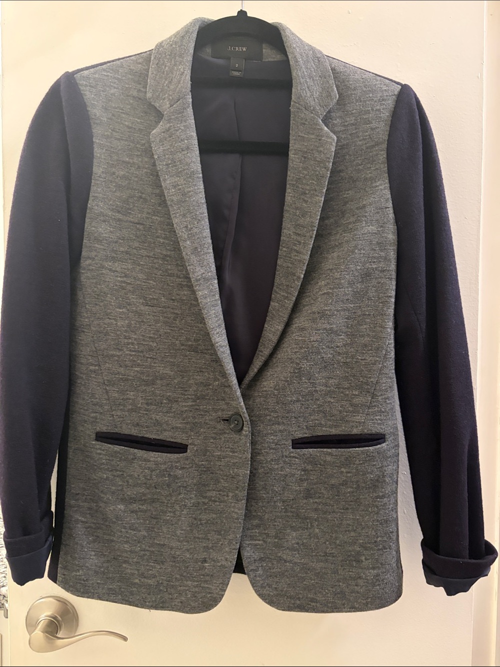 J. Crew Two-Tone Gray Body with Navy Sleeves Knit Blazer